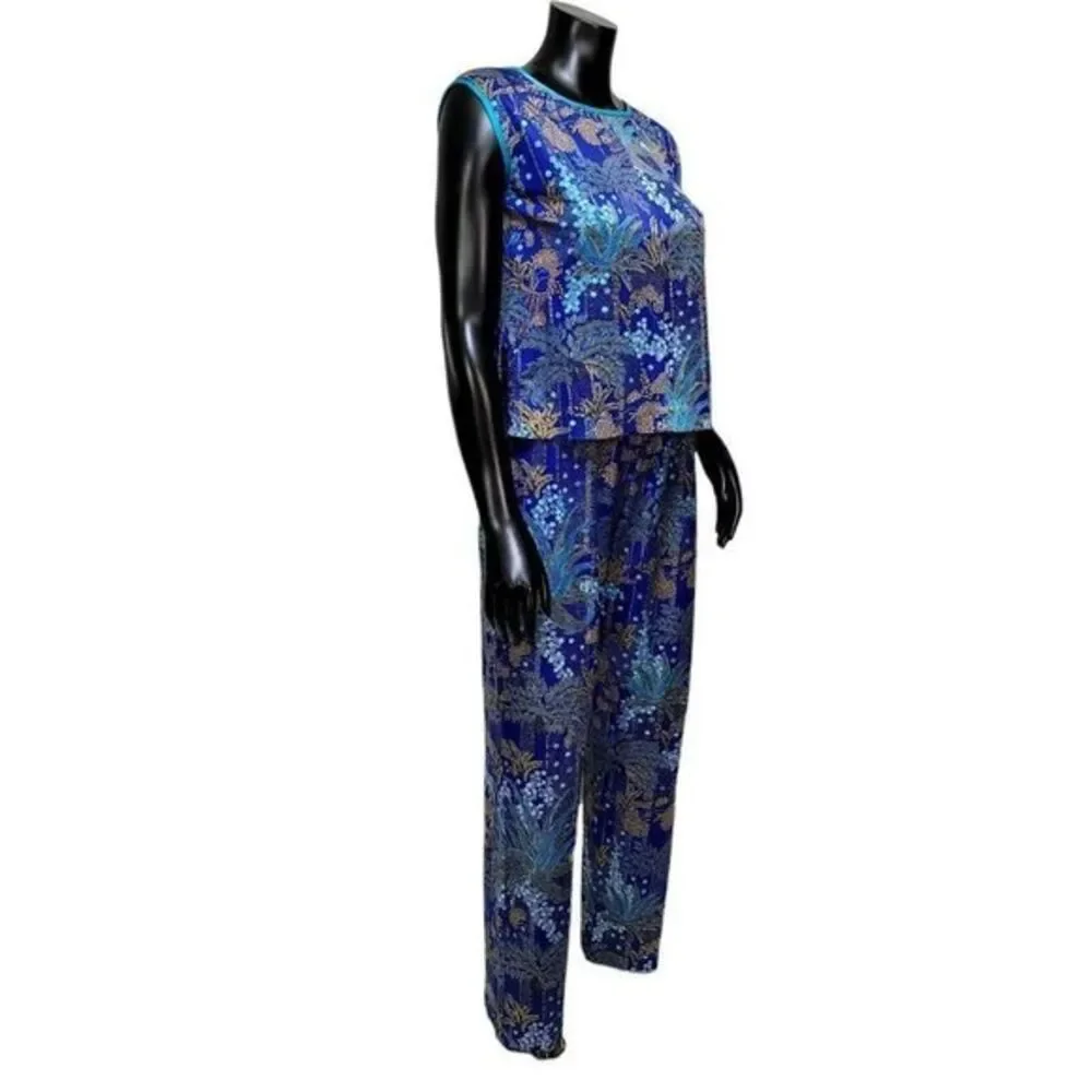 Vintage 70s Blue Tropical‎ Print Pant Set Womens M Lounge Resort Mod 2 Piece